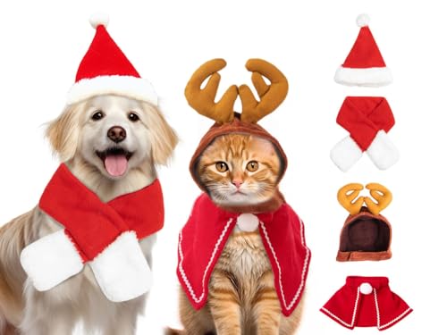 Kellegour 4-Teiliges Haustier Weihnachtskostüm,Weihnachten Katzenkostüm Hundekostüm,Weihnachtskostüm für Katzen,Haustier Weihnachtskleidung,Hund Weihnachtskostüm,für Hunde,Katzen,Welpen,Geschenk von Kellegour