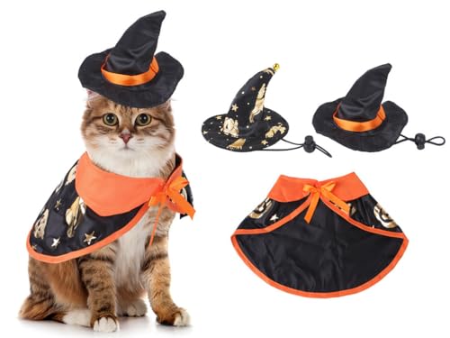 Kellegour Halloween Katze Kostüm,Halloween Hund Katze Kostüm Umhang,Halloween Haustier Kostüm Set,mit Haustiere Umhang Und 2 Hut,Haustier Cosplay Kleidung für Halloween kleine Mittelgroße Hunde/Katze von Kellegour