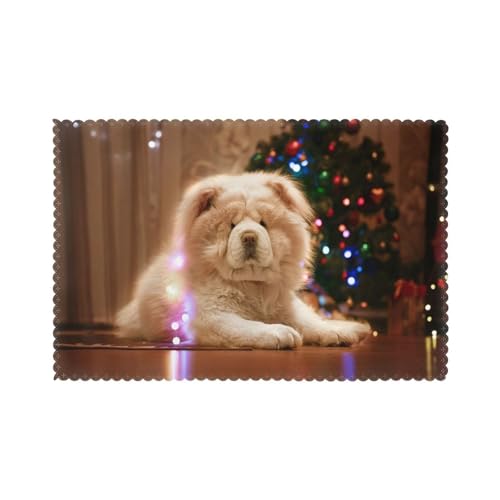 Chow Chow Weiße Flauschige Hunde Haustiere Hunde Weihnachten, 6er Set Tischsets Waschbar Platzsets für Esstisch Hitzebeständig Tablettmatten 30x45cm von KemEng