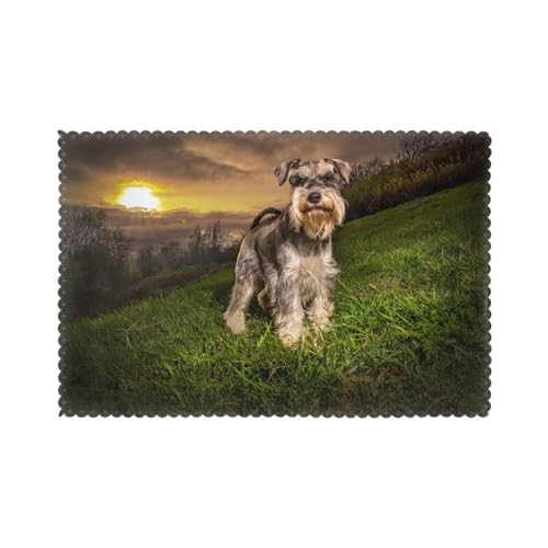 Schnauzer Sonnenuntergang Hunde Haustiere Berge Schnauzer, 6er Set Tischsets Waschbar Platzsets für Esstisch Hitzebeständig Tablettmatten 30x45cm von KemEng