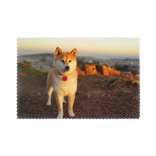 Shiba Inu Haustiere Hunde Sonnenuntergang Bokeh Shiba Inu, 6er Set Tischsets Waschbar Platzsets für Esstisch Hitzebeständig Tablettmatten 30x45cm von KemEng