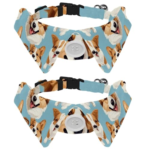 2 x Hunde-Fliegen, Sicherheitsschnalle, verstellbar, weich, Welpenhalsband mit Glöckchen für kleine Kätzchen, glückliches Corgis-Kopfmuster von KengjuTesu