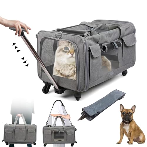 Katzen Transportboxen Faltbar, 30L Haustier Rucksäcke mit Rollen, Katzentransporttasche mit Schultergurt, Super Belüftetes Design, Katzen Trolley für 2 Katzen, Groß Transportbox für Hunden oder Katzen von Kensbro