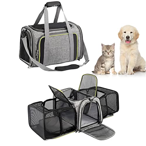Keptfeet Erweiterbare Transportbox für Haustiere,Faltbare Hundetragetasche mit Gepäckgurt | Doppelseitig erweiterbare Katzentasche mit Seitentasche für U-Bahn-Einkäufe, Wanderungen, Reisen von Keptfeet