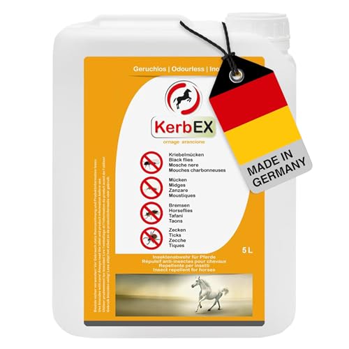 KerbEx Orange - 5 Liter - Insektenabwehrmittel für Pferde bei leichtem bis mittlerem Insektenbefall – Ohne Geruchsstoffe, langanhaltender Schutz vor Bremsen, Mücken, Kriebelmücken und Zecken von KerbEx