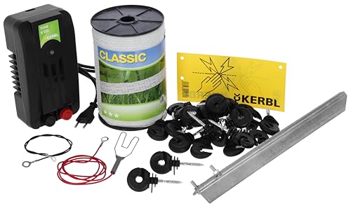 Kerbl Hobby Weidezaun-Starterset mit 230-Volt-Netzgerät, Weidezaunband, Erdpfahl, Isolatoren – Komplettset für Elektrozaun, Weidezaungerät 441156 von Kerbl