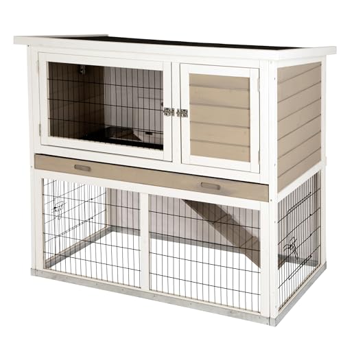 Kerbl Pet Pet Nagerstall Lucky, Stall mit Freilauf für Hasen / Kaninchen / Meerschweinchen, Aufstellbares wetterfestes Bitumendach, Mit herausziehbarer Kunststoffwanne, 115x65x100 cm, Weiß/Braun von Kerbl Pet