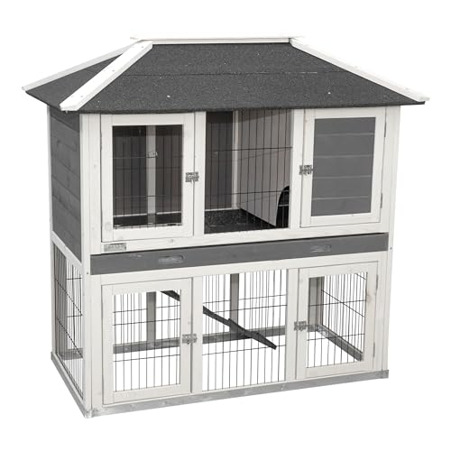 Kerbl Pet Pet Nagerstall Villa mit 4 Türen, Stall mit Auslauf für Kaninchen / Hasen / Meerschweinchen, Mit wetterfestem Bitumendach und Metallrahmen am Boden, 118x68x118cm, Grau/Weiß von Kerbl Pet