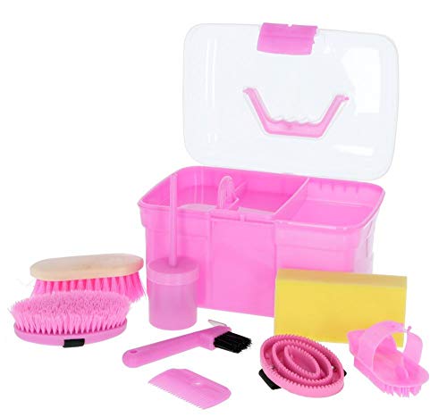 Kerbl Putzbox rosa mit Inhalt 8-teilig (für Kinder, Pferdebürsten, Mähnenbürsten, Putzkiste mit Bürsten, Pferdepflege, Putzzeug pink) 321766, Unisize von Kerbl