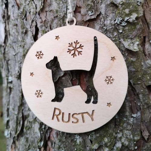 Keruidian Personalisiertes Katzenornament, Weihnachtskatzenornament, Weihnachtsbaumdekoration, individuelle Katzenform, Katzenname graviert, Katzenrasse, hängende Kugel (Design 3) von Keruidian