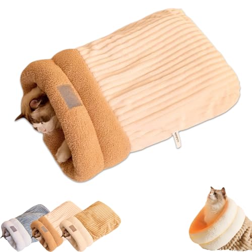 KeyoGoS Katzenschlafsack für Indoor-Katzen, Katzenschlafsack, Katzen-Winterschlafsack, gemütlicher Katzen-Winterschlafsack, für Indoor-Welpen und Kätzchen (gestreift hellbraun, L) von KeyoGoS