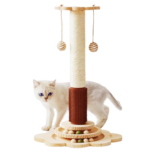 KHALOR Katzenkratzbaum, 4 in 1 Holz Katzenkratzspielzeug, 61.0 cm Hoher Kratzbaum mit 2 Ebenen Katzenspur Bälle, Katzenhaarbürste und 2 Sisal Hängende Bälle für Indoor Kittens, Erwachsene Katzen von Khalor