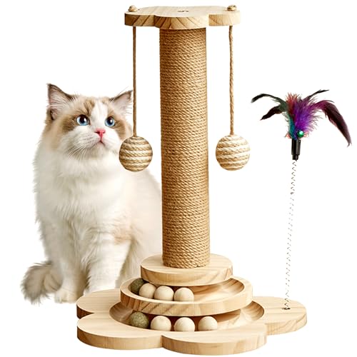 KHALOR Katzenkratzbaum, 4 in 1 Holz Katzenkratzspielzeug mit 2 Ebenen Cat Track Bälle, Interaktives Katzenfederspielzeug und 2 Sisal Hängende Bälle für Indoor Kittens, Erwachsene Katzen von Khalor