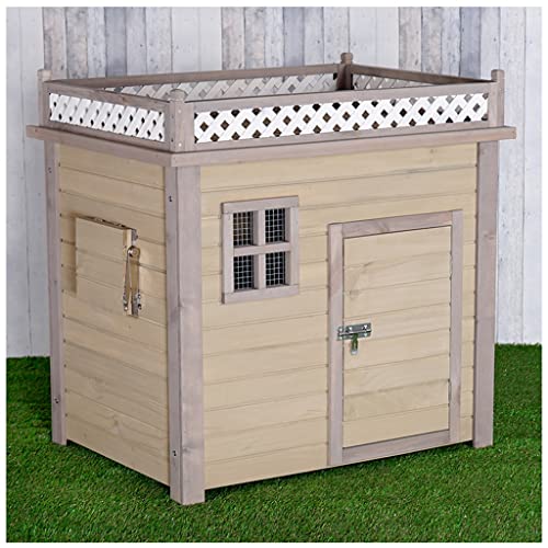 Hundehütte aus Holz für den Außenbereich, für große kleine Hunde, mit Fenstern, wasserdicht, Aufbewahrungsbox für Hunde (Farbe: Braun, Größe: Mittel) von KiLoom