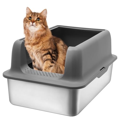 Kichwit Extra große Katzentoilette aus Edelstahl mit hohen Seiten, leicht zu reinigen, glatte Oberfläche, rostbeständig, 59,9 x 39,9 x 30,5 cm (mit Deckel) von Kichwit