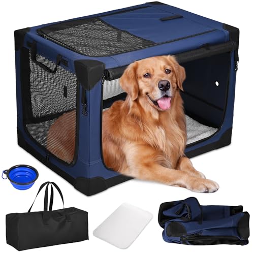 Kidken Hundebox faltbar für große Hunde, hundetransportbox Auto mit 4-seitigem reißfestem Netzfenster, atmungsaktiver tragbarer hundebox Auto, Oxford-Stoff, mit Griffen Taschen, 76x54x54cm (L) von Kidken