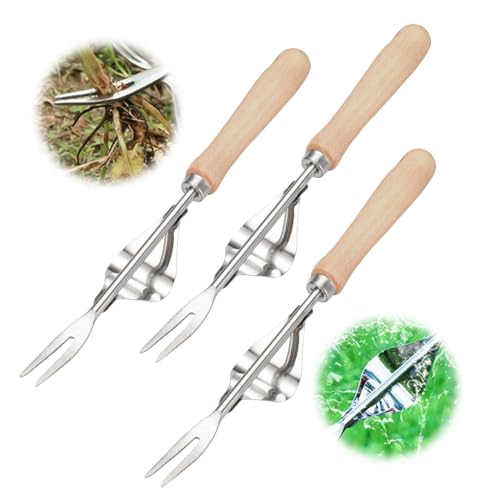 Kidmis Unkrautstecher Edelstahl, 2024 Neue Unkrautstecher Garden, Unkrautstecher Gardena Gartenarbeit Hand Unkrautstecher, Gartenarbeit Gabel mit Naturholzgriff für Graben Jäten Lösen (3pcs) von Kidmis