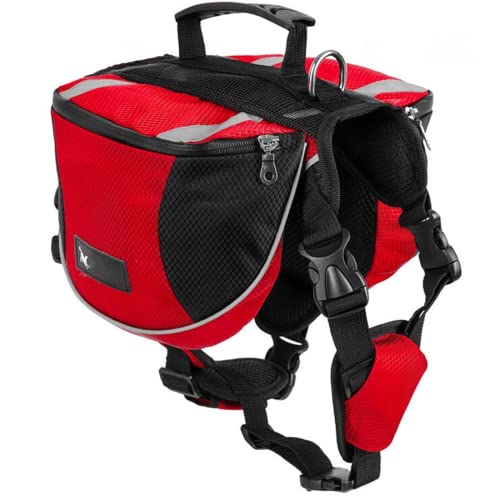 Satteltasche Hunderucksack für Mittlere Große Hunde, Packtaschen Rucksack für Reisen Wandern Training, Reflektierende Wasserdicht Verstellbare Kabelbaumweste mit Griff (rot, L (Hund 28kg - 40kg) von Kiepoar