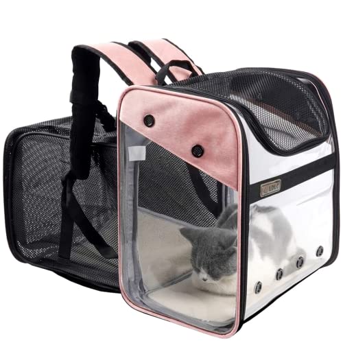 Transporttasche Rucksack Haustiere Hunde Katzen 10kg, Erweiterbare Große Tragbare Katzenrucksack Hunderucksack 4 Eintritt Top Öffnung Transparent Tragetasche Faltbar Airline Genehmigt Reisen von Kiepoar