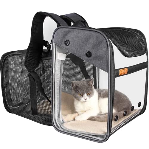 Transporttasche Rucksack Haustiere Hunde Katzen 10kg, Erweiterbare Große Tragbare Katzenrucksack Hunderucksack 4 Eintritt Top Öffnung Transparent Tragetasche Faltbar Airline Genehmigt Reisen von Kiepoar