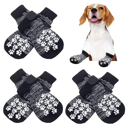 Kigniote 3 Paar Hundesocken Anti Rutsch Socken Für Hunde Indoor Hundeschuhe Pfotenschutz rutschfeste Hundesocken mit Riemen Traktionskontrolle für den Innenbereich auf Hartholzboden Grau -L von Kigniote