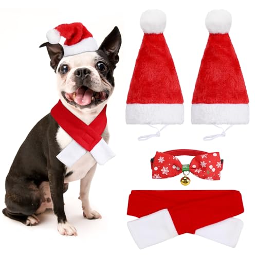 4 PCS Weihnachten Hund Katzen Kostüm, Hundekostüm mit Weihnachtsmütze, Schal, Katzenkostüm, für Kleine Hunde Katze von Kiiwah