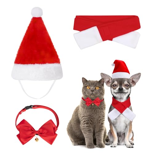 Kiiwah 3 Stück Weihnachten Hundekostüm Katzenkostüm, Weihnachtskleidung mit Weihnachtsmütze Fliege Halsband Roter Schal für Hunde und Katzen Outfit for Dogs Cats von Kiiwah