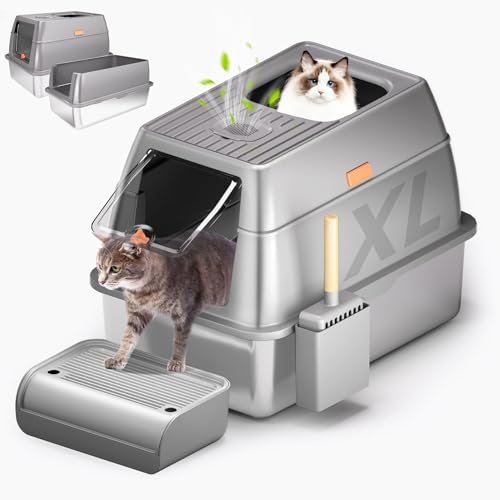 Katzentoilette aus Edelstahl mit Deckel, XL, extra große Katzentoilette für große Katzen, geschlossene Metalltoilette mit abnehmbarem, hochseitigem Gehäuse, Schaufel und Rampe, auslaufsicher, von Killerbody