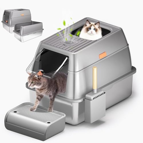 Katzentoilette aus Edelstahl mit Deckel, XL, extra große Katzentoilette für große Katzen, geschlossene Metalltoilette mit abnehmbarem hochseitigem Gehäuse, Schaufel und Rampe, auslaufsicher, von Killerbody