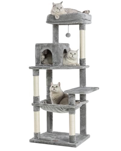 Kilodor Katzenbaum für Indoor-Katzen, Katzenturm mit Sisal-Kratzbaum, Katzenhütte, Plüsch-Sitzstange, Hängematte, 144 cm, Grau von Kilodor