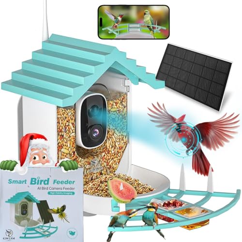 KimLamPro Smart Bird Feeder mit Kamera | Kabelloses solarbetriebenes Vogelhaus mit KI-Erkennung über 10.000 Vogelarten, Sofortige Benachrichtigungen, Eichhörnchensicheres Design | Outdoor Hängendes von KimLamPro