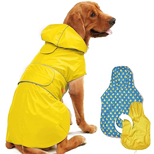 Kimee Hunde-Regenmantel, wendbar, einseitig, verstellbar, wasserdicht, mit Loch für die Leine, reflektierende Streifen, Kapuze, schneefest, winddicht, Kleidung für kleine bis 3XL, Größe L von Kimee