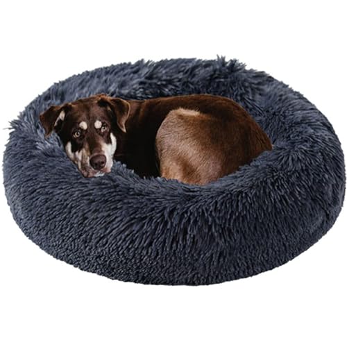 Hundebett Beruhigendes Hundebett für kleine, mittelgroße und große Hunde – rundes Donut-Hundebett, waschbar, rutschfest, Kunstfell, flauschig, Donut-Kuschelbett, Angst-Katzenbett von Kimpets