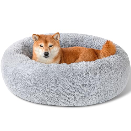 Hundebett für kleine, mittelgroße und große Hunde – rundes Donut-Hundebett, waschbar, rutschfest, Kunstfell, flauschig, Donut-Kuschel, Angstzustände, Katzenbett (91,4 cm, Hellgrau) von Kimpets