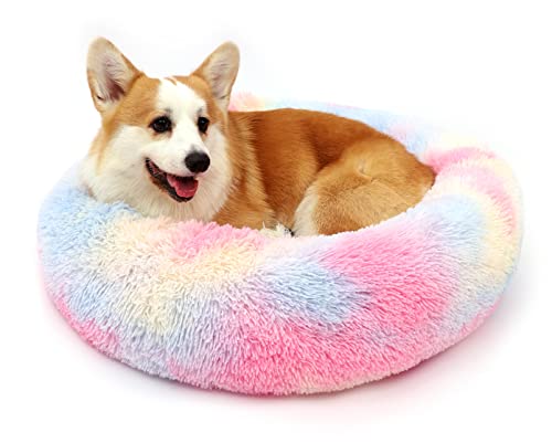 Kimpets Beruhigende Hundebetten für kleine, mittelgroße und große Hunde – rundes Donut-Hundebett, rutschfestes Kunstfell, flauschiges Donut-Kuschelbett, Angstzustände, Katzenbett (50,8 cm/68,6 cm/88,9 cm) (S 50,8 x 50,8 cm), Farbe) von Kimpets