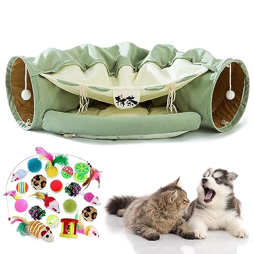 Kimruule Katzentunnel für Indoor-Katzen, 2-in-1-Katzentunnelbett mit Katzenspielzeug, zusammenklappbar, Katzentunnel-Röhren, Spielzeug mit abnehmbarer Matte für Katzen, Kätzchen, Frettchen, Kaninchen, von Kimruule