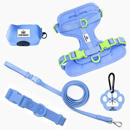 King Macks Hundegeschirr, Set mit Halsband und Leine, Kotbeutelhalter und Schmutzbeutelclip, verstellbar für kleine, mittelgroße und große Hunde, leicht (Blau mit Grün, Größe XS) von King Macks Inc.