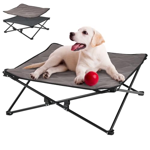 KingCamp Erhöhtes Hundebett Hundeliege Outdoor Haustierbett Haustierliege Atmungsaktivem Mesh & Wildledermatte & Rutschfesten Füßen für Reisen Garten Outdoor Indoor, Schwarz 77 x 77 x 30 cm von KingCamp