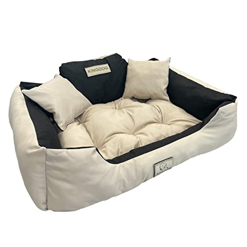 KingDog Hunde- und Katzenbett mit Zwei Kissen Hundekissen Hundekorb Haustierbett Waschbar Wasserdichtes PVC-Material (3XL 145x115cm, Beige) von KingDog