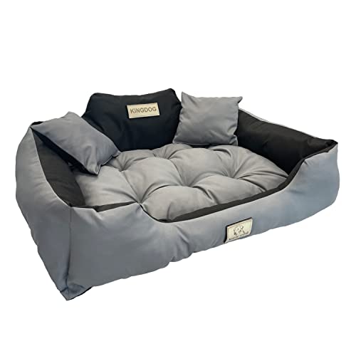 KingDog Hunde- und Katzenbett mit Zwei Kissen Hundekissen Hundekorb Haustierbett Waschbar Wasserdichtes PVC-Material (L 100x75cm, Dunkelgrau) von KingDog