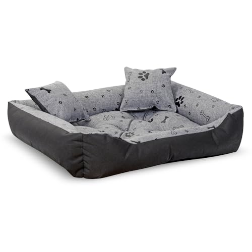 KingDog Hunde- und Katzenbett mit Zwei Kissen Hundekissen Hundekorb Haustierbett Wasserdichtes Cordura-Gewebe (Schwarze Knochen, Innenmaße: 80x60cm / Außenmaße: 100x75cm) von KingDog