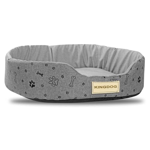 KingDog Ovales Wasserdichtes Hundebett aus Codura mit schwarzen Knochenmuster in Grau, Leinen-Imitation (50 x 40 cm) von KingDog