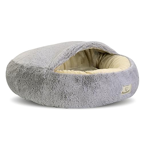 KingDog Shaggy Fluffy Haustierbett mit Kapuze Bett für Katzen/Hunde Kuschelbett Hundebett Katzenbett Minky-Haar Shaggy 18 mm Silikon-Füllung Hellgrau (Durchmesser: 60 cm) von KingDog