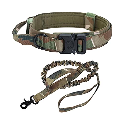 KingHtao Taktisches Hundehalsband und Leine – dickes militärisches K9-Halsband – inklusive passender Bungee-Leine – verstellbares, Kontrollgriff und robuste Metallschnalle für Hunde (Armee, M) von KingHtao