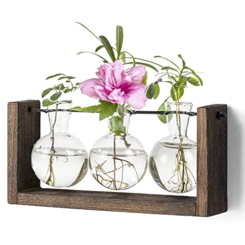 Kingbuy Pflanzen-Terrarium mit Holzständer, Glas-Pflanzgefäß Desktop Anzuchtung 3 Birnen Vase Metallhalter Retro Rack für Hydropoincs Pflanzen Home Office Decor, braun von Kingbuy