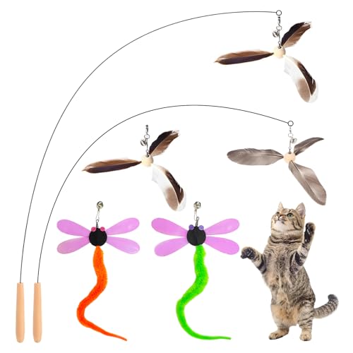 Kingtree Katzenstab-Spielzeug für Indoor-Katzen, interaktives Katzenspielzeug mit 5 Feder-Nachfüllungen, 89,9 cm, flexibler Stahldraht, Holzgriff, Katzenfederspielzeug mit Glöckchen für Kätzchen zum von Kingtree