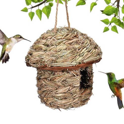 Kioriur Handgewebtes Vogelnest, Vogelhaus im Freien - Atmungsaktive Gras-Kolibri-Häuser - Baumelnde Vogelhäuser, rustikales Kolibri-Nest für drinnen und draußen von Kioriur