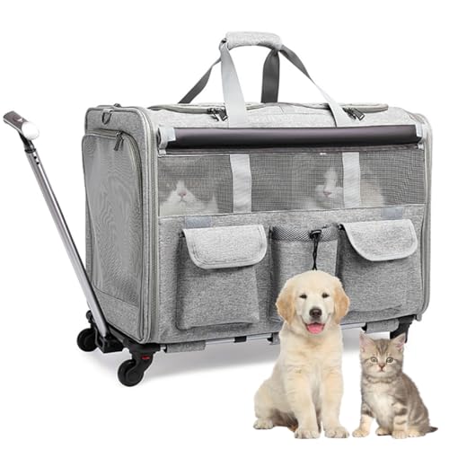 Tragbarer Haustier-Trolley mit Rollen, wasserdichtem Oxford-Material, transparentem Netzfenster, atmungsaktiver Katzen- und Hundeausflugstasche mit Zwei Fächern für die Reise. von Kioxiuin