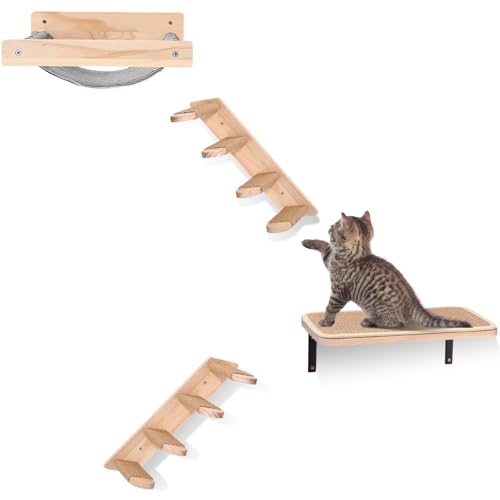 Kisston Katzen-Wandregale, Treppen-Hängematten-Set, Holz, Katzenwandmöbel, Katzenkletterregale mit 4 Stufen, Katzentreppe mit Sisalseil, Kratzhängematte, montiertes Katzenbett zum Schlafen, Spielen von Kisston