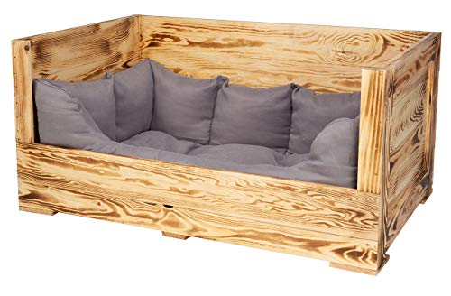 Kistenkolli Altes Land Hundebett Balu aus Holz mit Kissen 115x54x40,5cm Hundekorb Hundekissen Schlafplatz Vintage Hundesofa (115x54x40,5cm, Geflammt) von Kistenkolli Altes Land